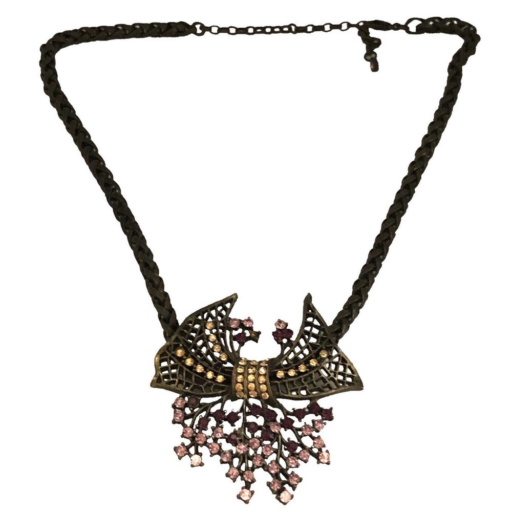 Signed Sweet Romance Vintage Rhinestone Victorian Revival Bow Necklace